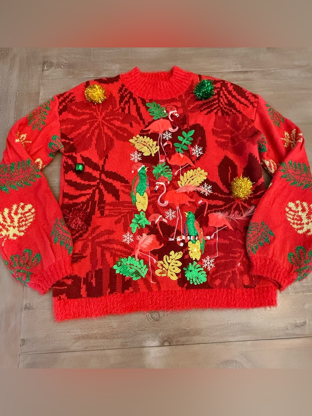 33 Degrees Red Ugly Christmas Sweater Tropical Sequins Feathers Womens Sz XS